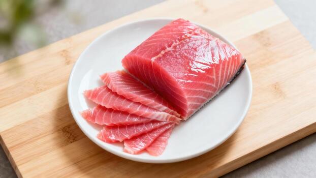Fresh, ruby red raw fish fillet portion arranged on a white plate with thin slices ready for preparation photo