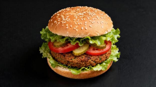 Savory plant based patty sandwich rests on dark surface with copy space on left photo