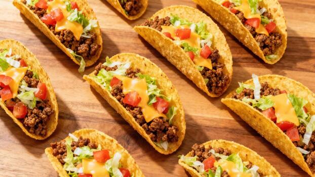 Numerous crispy ground meat filled shells topped with cheese and vegetables are arranged on a wooden surface. photo