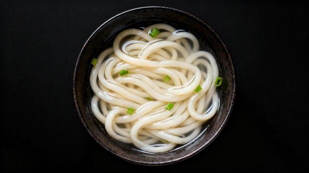 Thick wheat noodles submerged in clear broth topped with chopped green onions inside a dark bowl photo
