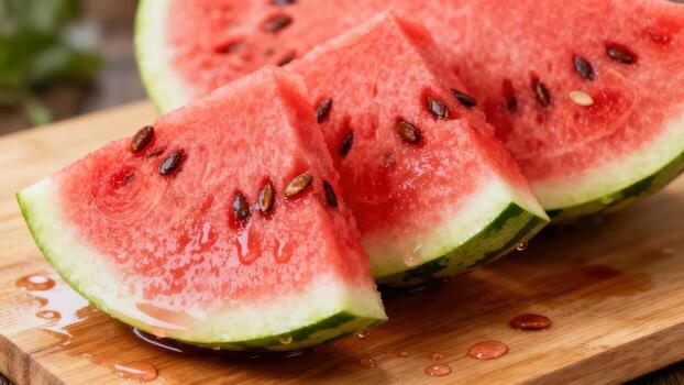 Slices of ripe fruit with dark seeds rest upon a wooden cutting board photo