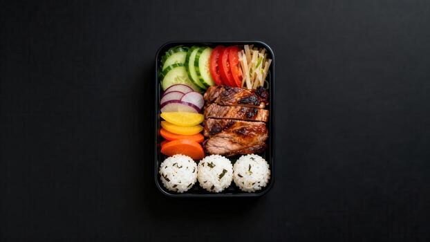 Prepared savory meal featuring grilled meat and rice balls neatly arranged in a dark container against a black background photo