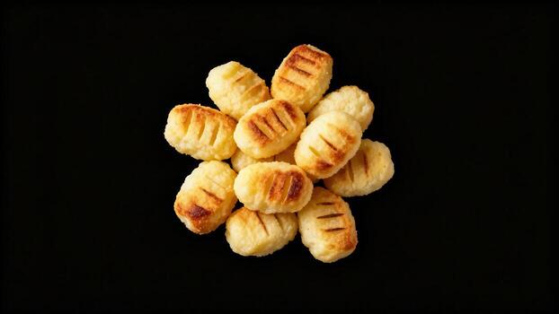 Small potato dumplings with distinct grill marks piled together on a dark background photo