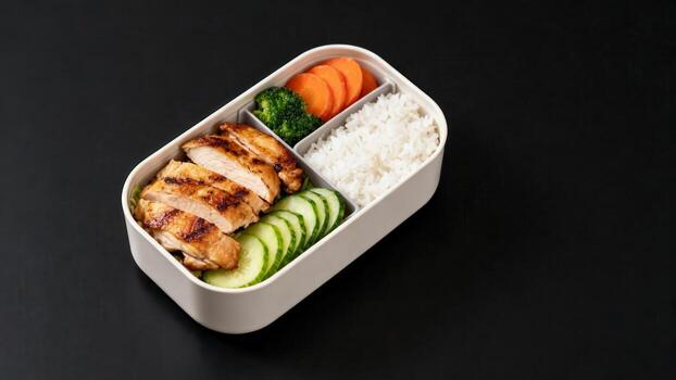 Prepared meal featuring sliced grilled chicken breast with white rice and fresh vegetables in a partitioned container rests on a dark surface photo