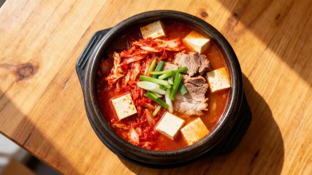 Hearty stew featuring fermented cabbage, pork, and tofu served in a dark stone bowl upon a wooden surface photo