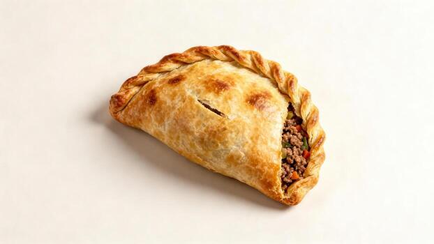 Golden baked savory pastry with visible minced meat filling rests against a plain background photo