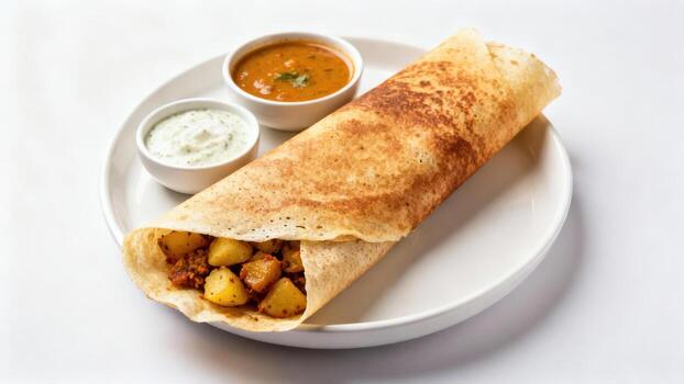 Crispy rolled thin pancake filled with spiced potatoes is served with dipping sauces on a white plate photo