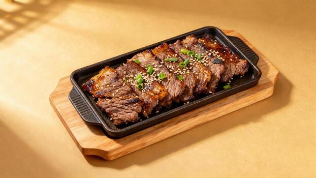 Grilled, sliced, marinated meat is served hot on a cast iron platter with a wooden base photo