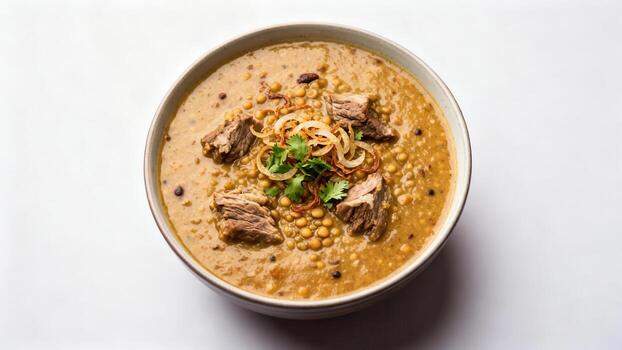 Hearty lentil and meat stew is presented in a rustic bowl against a plain white background. photo