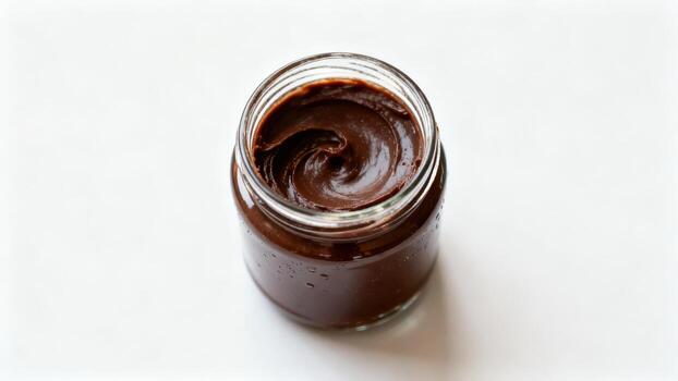 Open glass jar filled with rich dark chocolate spread centered on a bright white background photo