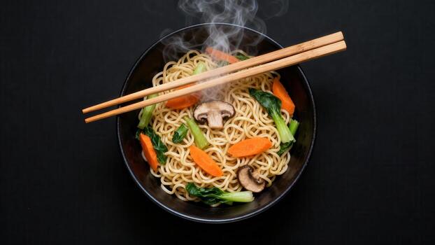 Steaming bowl of Asian style noodles with vegetables and wooden implements rests on dark background photo