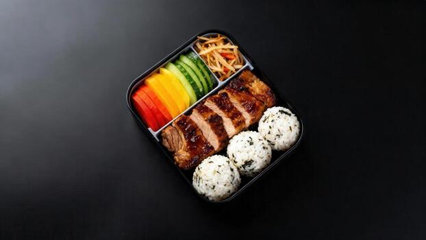 Portion controlled meal featuring grilled meat and seasoned rice balls arranged in a compartmentalized container photo