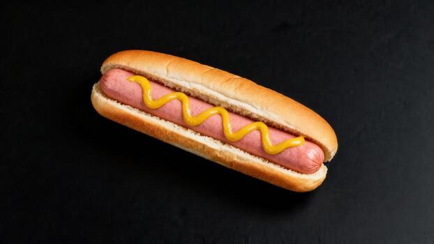 Grilled sausage in a soft bun topped with a zigzag of yellow condiment rests on a dark background. photo