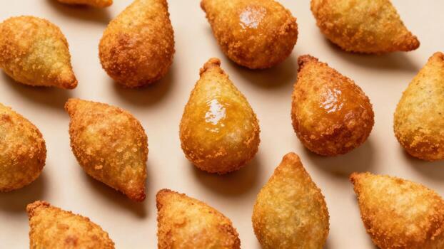 Numerous golden brown savory pastries are arranged in an overhead pattern on a light surface photo