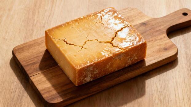 Aged block of solid food rests diagonally upon a wooden cutting board with visible surface texture photo