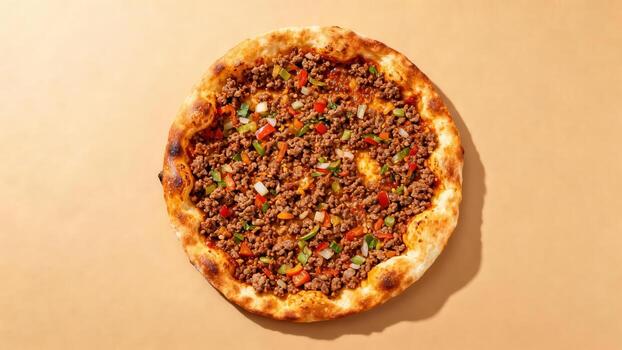 Savory flatbread generously topped with seasoned ground meat and diced vegetables is presented against a plain background photo