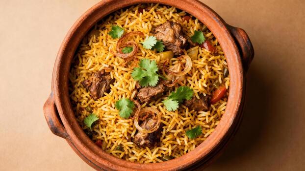 Spiced rice and meat dish presented in a rustic earthenware container seen from above. photo