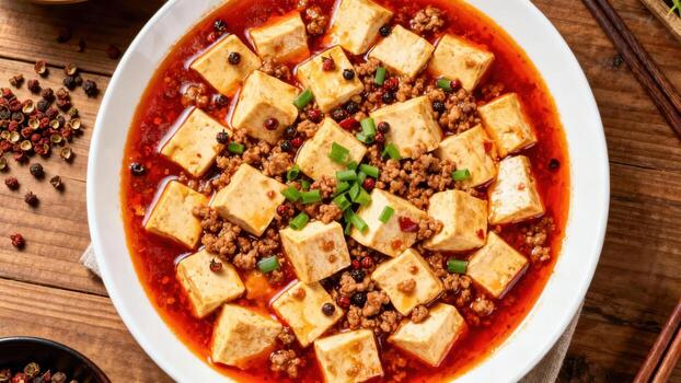 Savory cubes of soft bean curd simmered in spicy red chili sauce with ground meat topping photo