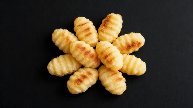 Small, ridged, golden food pieces arranged in a circular pattern on a dark surface. photo