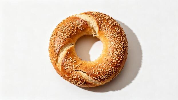 Round baked bread ring generously coated with small seeds rests on a plain white surface. photo