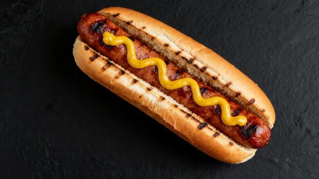 Grilled sausage link generously topped with yellow condiment resting in a toasted bun against a dark background photo