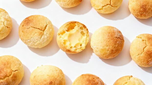 Rows of golden baked cheese bread rolls are displayed against a bright white surface photo