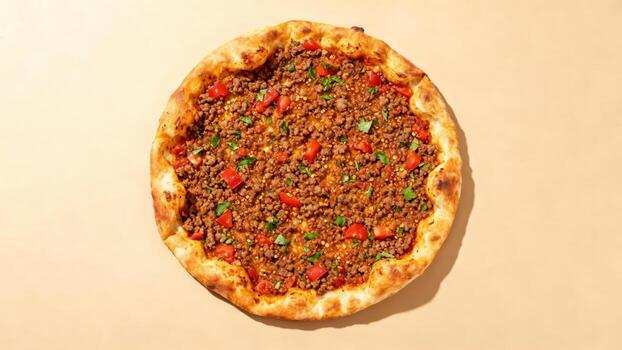 Savory flatbread topped with seasoned ground meat and diced red vegetables is presented against a plain background photo