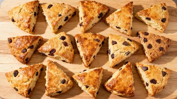 Multiple baked triangular pastries featuring mixed dried fruit and chocolate chips are displayed on a wooden surface photo