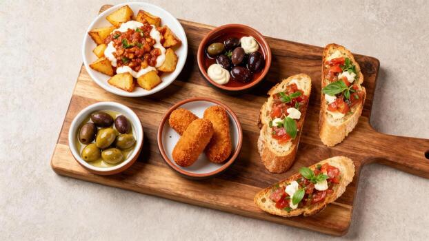 Assortment of savory small bites and appetizers presented on a wooden serving board photo