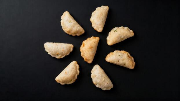 Several golden savory pastries are arranged in a circular pattern atop a dark surface photo