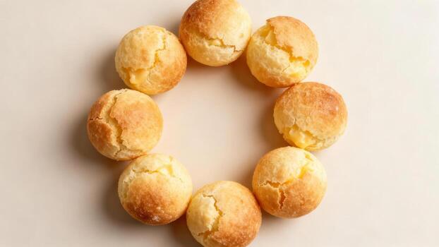 Golden baked cheese breads are arranged in a circular pattern on a light surface photo