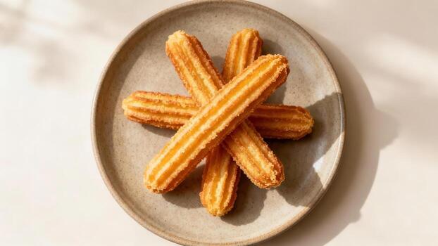 Several ridged fried dough pastries are arranged in a star pattern on a ceramic plate. photo