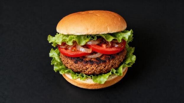 Grilled patty sandwich assembled with fresh lettuce, tomato, and onion slices sits centered on a dark surface photo