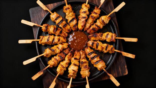 Savory grilled meat skewers arranged circularly around a dipping sauce on a dark platter photo
