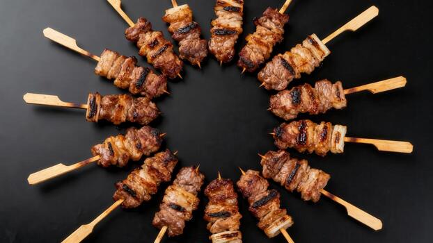 Grilled meat pieces threaded onto wooden skewers arranged in a circular pattern on a dark surface photo