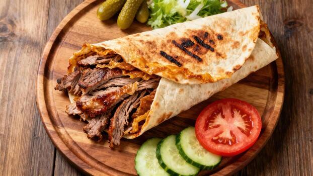 A la parrilla pan plano emparedado desbordante con sabroso rebanado carne y Fresco vegetales descansa en un de madera plato foto