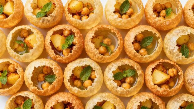 Rows of crispy hollow spheres filled with potatoes, chickpeas, and spiced liquid are arranged closely together. photo