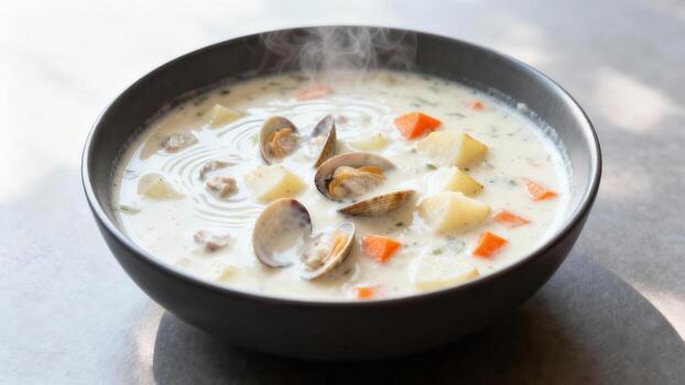 Steaming bowl of rich, creamy seafood chowder featuring whole clams and diced root vegetables rests on a stone surface. photo