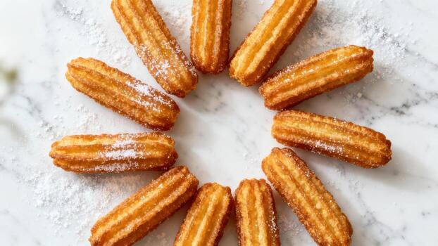 Golden fried pastry sticks dusted with confectioners' sugar arranged circularly on a white stone surface photo