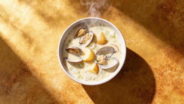 Steaming bowl of creamy seafood chowder with whole clams and potatoes rests on a warm textured surface. photo