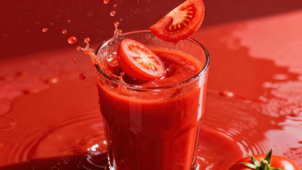 Vibrant red tomato beverage splashes dynamically from a clear glass garnished with fresh fruit slices photo