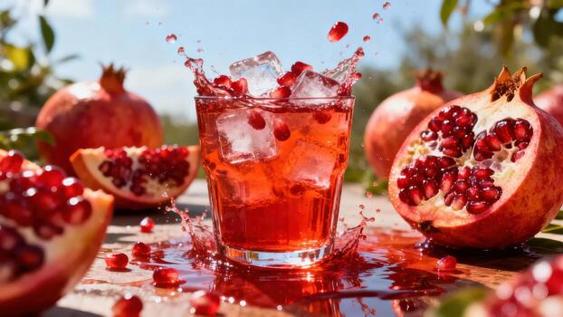 Refreshing ruby red beverage splashes dramatically from a glass surrounded by ripe fruit outdoors photo