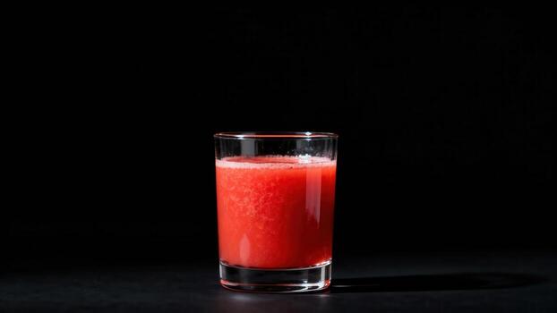 Glass of refreshing red beverage rests on dark surface against black background photo