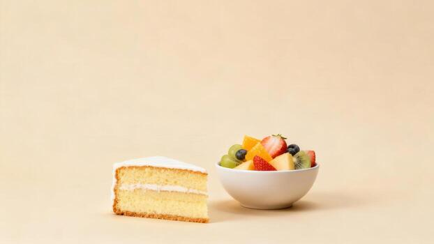 Portion of layered sponge cake sits beside a small bowl of assorted fresh fruit on a plain background photo