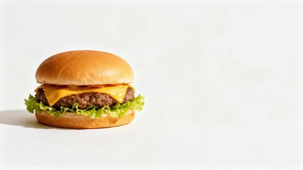 Single cheeseburger with melted cheese and lettuce rests on a bright white surface photo