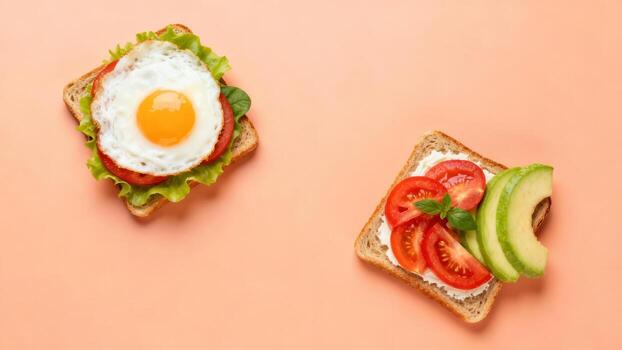 Two open-faced sandwiches displaying different healthy toppings resting on a plain surface photo