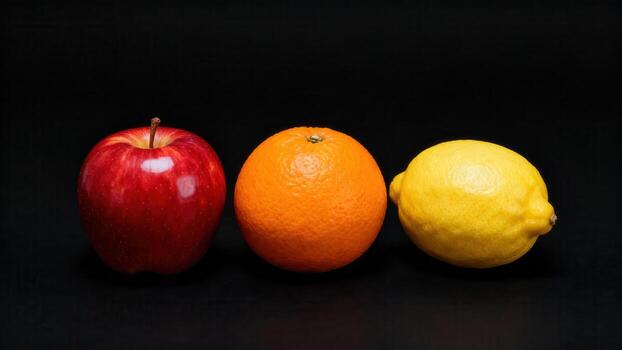 Group of three different fresh citrus and pome fruits displayed horizontally against a dark background photo