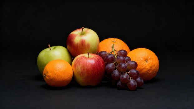 Assortment of fresh fruit displayed against a dark background with focused illumination photo