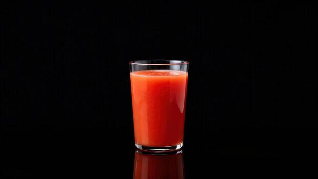 Full glass of vibrant red beverage rests on a reflective surface against a dark background. photo