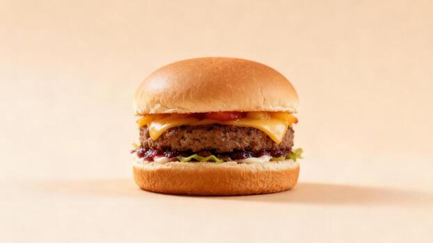 Single classic patty sandwich with melted cheese and condiments centered on a plain background photo